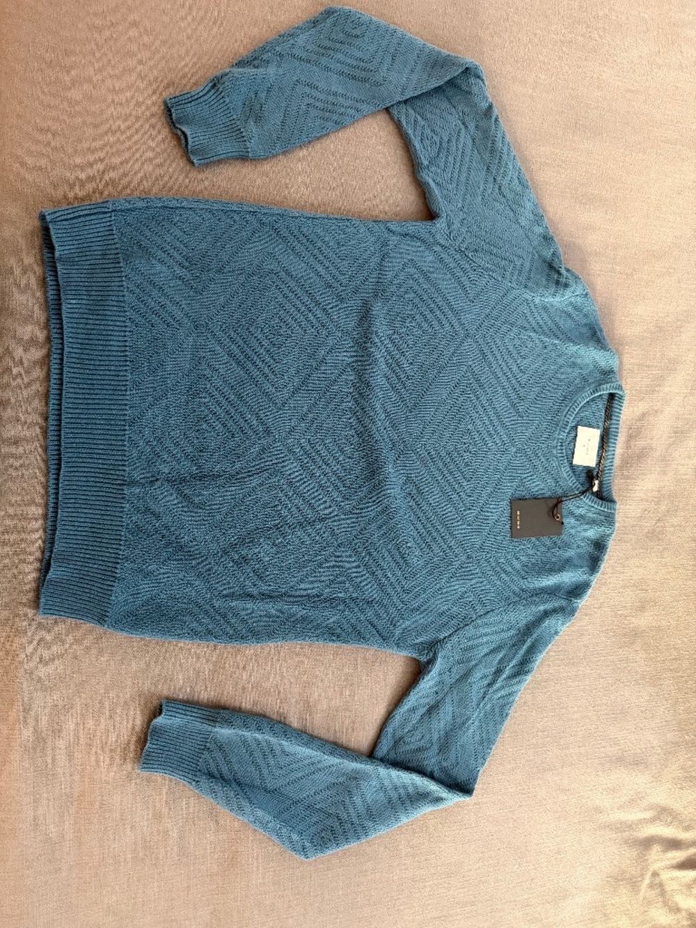 Billy Reid Mosaic Crew Sweater Men’s Medium Reflecting Pond Cotton Merino NWT